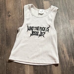 "WHO THE F*** IS JESSE JOY" white ribbed crop slogan tank top